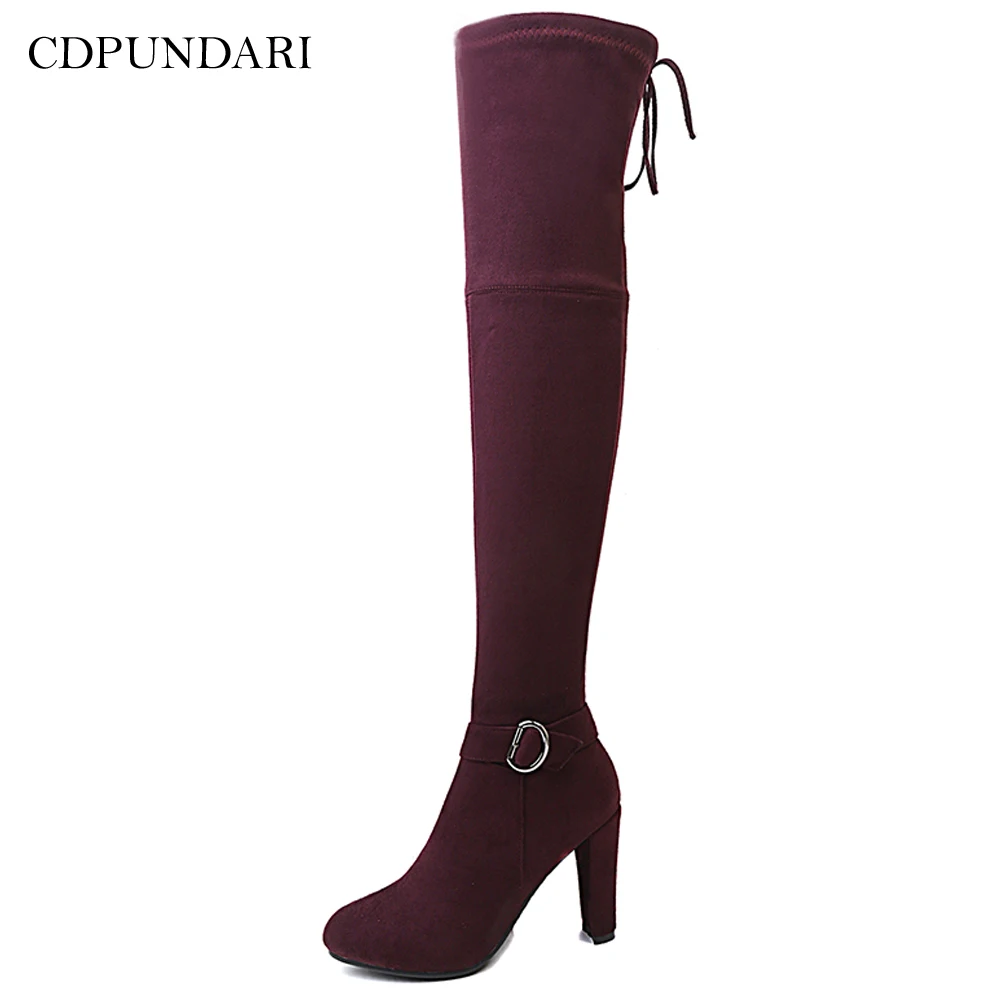 

CDPUNDARI Stretch Fabric High heel over the knee boots women Lace Up thigh high boots Winter shoes woman