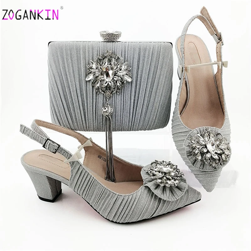 

Elegant Style Silver Color African Shoes with Matching Bags Set Shoe and Bag Set for Party In Women Hot Selling for Royal Party