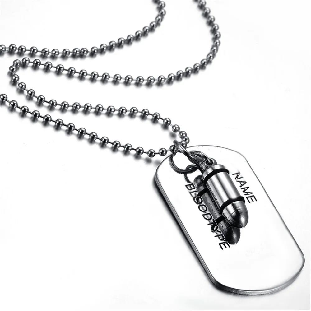 Silver Colour Chain Mens Womens Dog Tag Pendant Necklace, Bullet KP2001