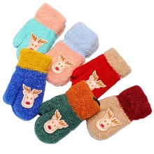 Детские зимние теплые варежки из плюша, плотные Хлопковые вязаные перчатки с изображением оленя