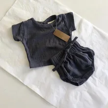 Летний комплект одежды для маленьких мальчиков и девочек, льняная футболка и комплект для новорожденных