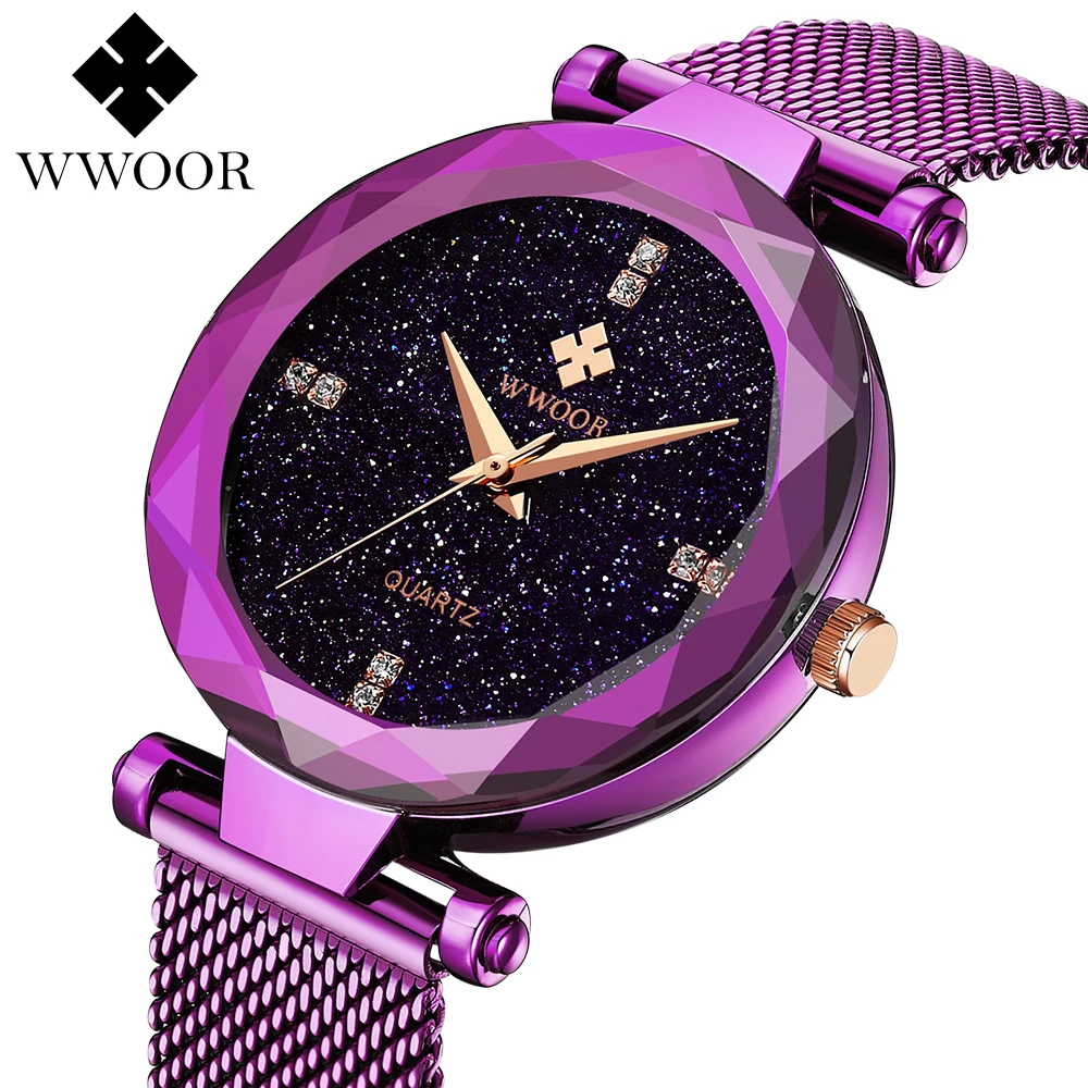 WWOOR женское платье часы уникальный дизайн фиолетовый люксовый бренд дамы браслет Кварцевые часы Нержавеющая сталь сетка ремешок на каждый день