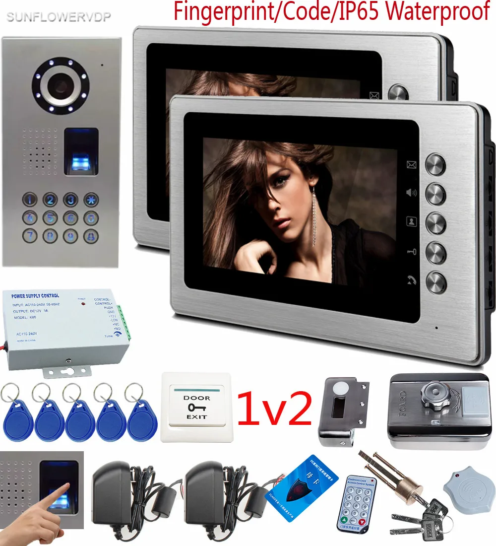 

SUNFLOWERVDP Fingerprint Door Intercom Rfid Video Door Lock Video-Eye 7" Metal Color Indoor Monitor Videos Calls Unit System 1v2