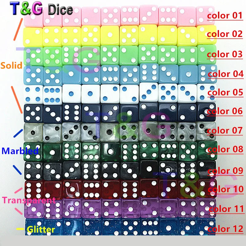 10PCS 12MM High Quality Dice Marbled Transparent Solid Glitter effect in square corners Plastic cube d6 Gambling