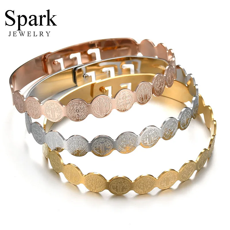 

Spark New Religious Christian Jesus Bangle Bracelet Stainless Steel 3 Color Adjustable Prayer Bangles For Women Christmas Gift