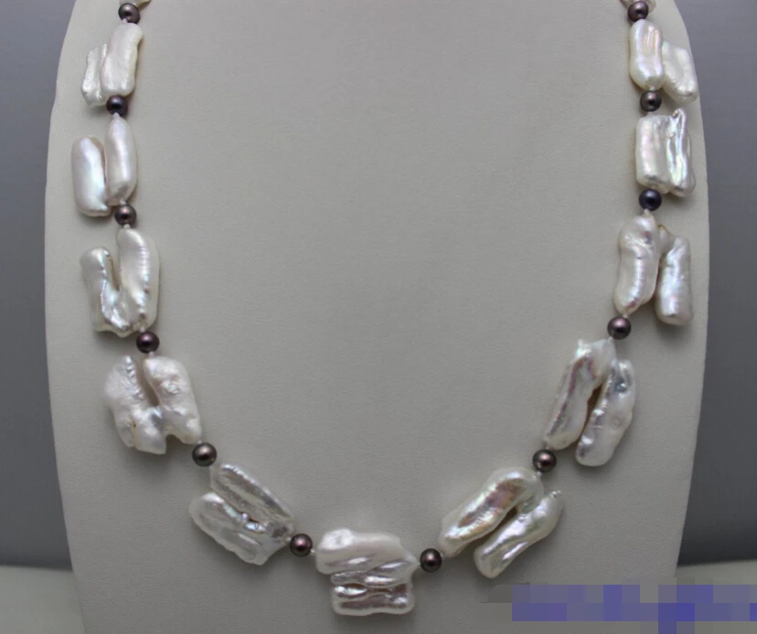 

huij 003284 Black & White Freshwater pearl Necklace 21"Strand/String Alloy "Handmade"Beauty