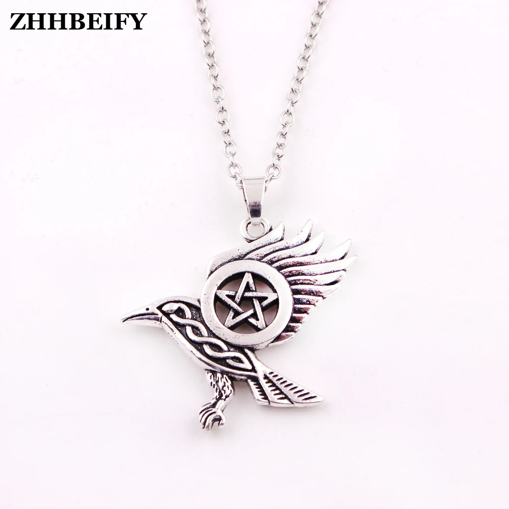 

New arrival Drop shipping Raven Pentacle Pendant Dark Moon Morrigan Crow Magic Pendant wheat bracelet Necklace