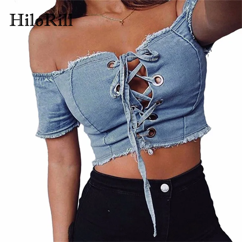 HiloRill Denim Crop Top Woman Strappy Croptop короткий рукав кружево до v-образным вырезом Футболка