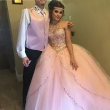 Блестящие розовые платья Quinceanera бусы со стразами Многоуровневое Холтер шеи 16 милые вечерние платья для маскарада платье Маскарад