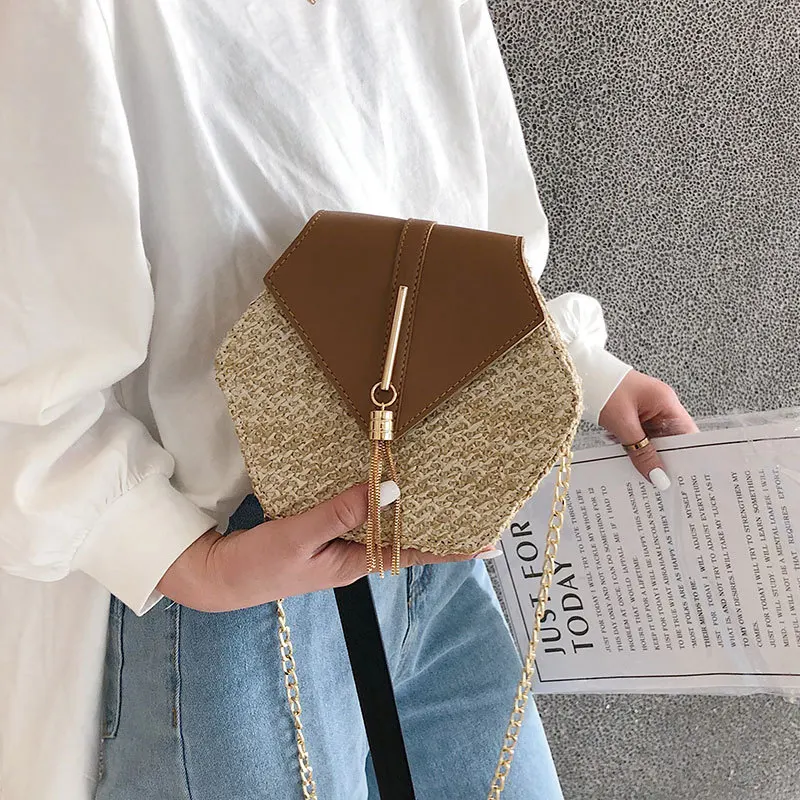 

Hexagon Mulit Style Straw+pu Bag Handbags Women Summer Rattan Bag Handmade Woven Beach Circle Bohemia Handbag New Fashion