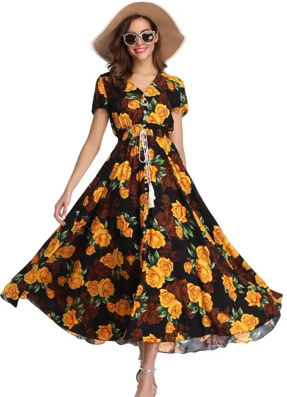 Длинное летнее платье макси с цветочным принтом женское повседневное пляжное платье с разрезом женское элегантное хлопковое винтажное платье в стиле бохо для вечеринок - Цвет: 16