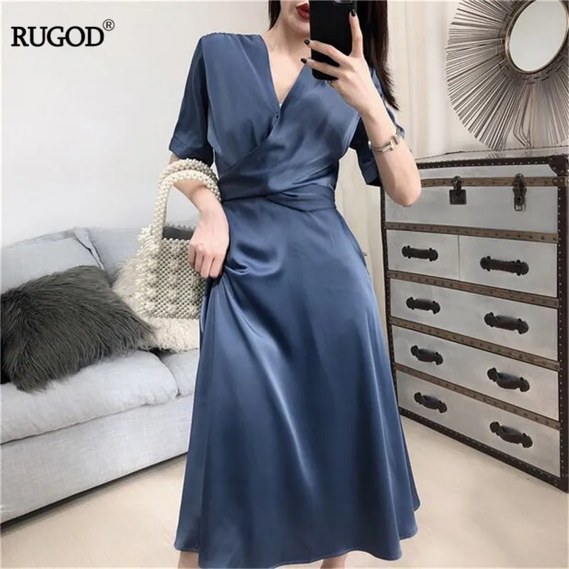 Корейская мода RUGOD атласное платье с поясом женское элегантное однотонное