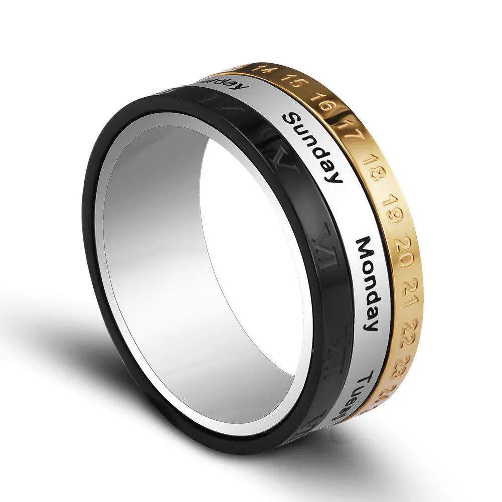 New Men Titanium Steel Spinning Week Date Rings Calendar Ringsin Rings