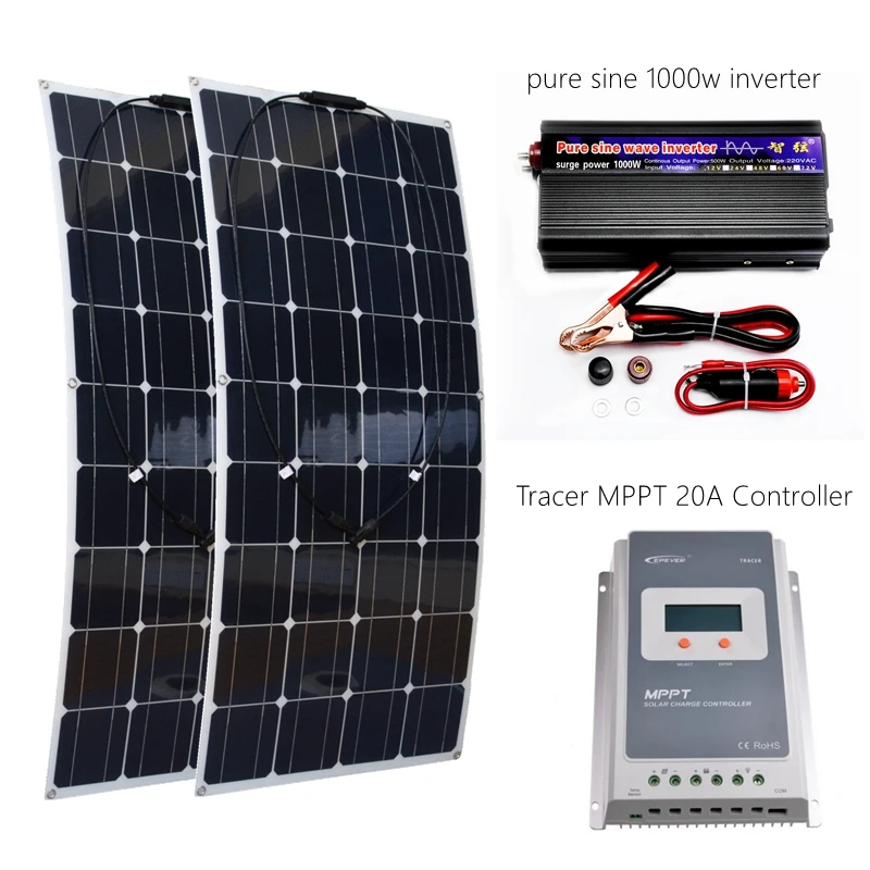 

100W*2 Flexible Solar Panels 200W Solar System Kit with 1000w inverter and MTTT 20A For Motorhomes Boats Roof Battery Charger