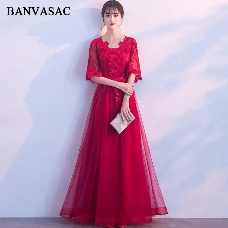 

BANVASAC 2018 Lace Appliques O Neck Tulle Sash Long Evening Dresses Party A Line Illusion Half Sleeve Prom Gowns
