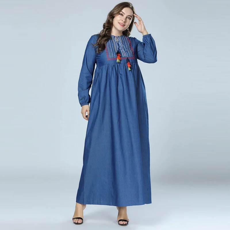 2018 New Autumn Embroidery Denim Fabric Abaya Muslim Jean Dress Moroccan dubai Kaftan islamic clothing Plus Size Blue Vestidos