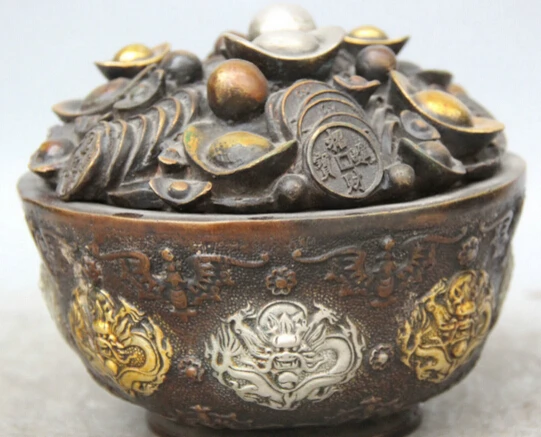 

JP S0524 7" Chinese Bronze Gild Silver treasure bowl bat Dragon Incense Burner Censer