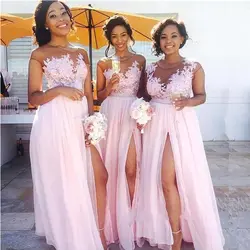 Красивый розовый кружево шифон подружки невесты платья с разрезом спереди горничной Honor платье макси индивидуальный заказ платья для