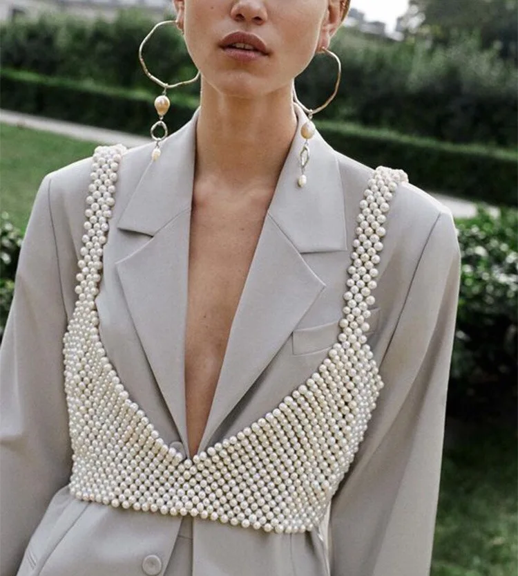 

2019 Spring Summer Fashion Streetwear Handmade Pearls Beading Vest Tank women Sexy Short crop tops Girls t shirt