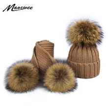 Pom Pom Pom 2018 pour filles | Bonnet en fourrure tricotée au chaud, ensemble chapeau et écharpe, pour enfants, Pompon en véritable fourrure de raton laveur, chapeau d'hiver