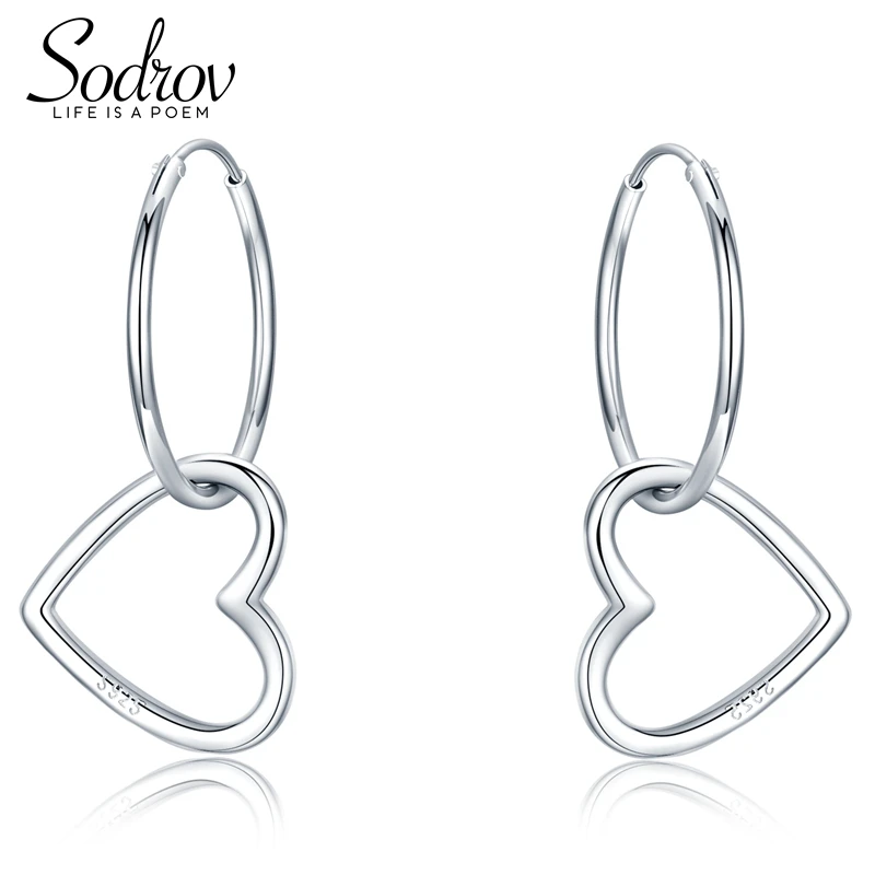 SODROV New 100% 925 Sterling Silver Earrings Heart Hoop Earrings for Women Fine Jewelry Brincos HE024 SODROV New 100% 925 Sterling Silver Earrings Heart Hoop Earrings for Women Fine Jewelry Brincos HE024