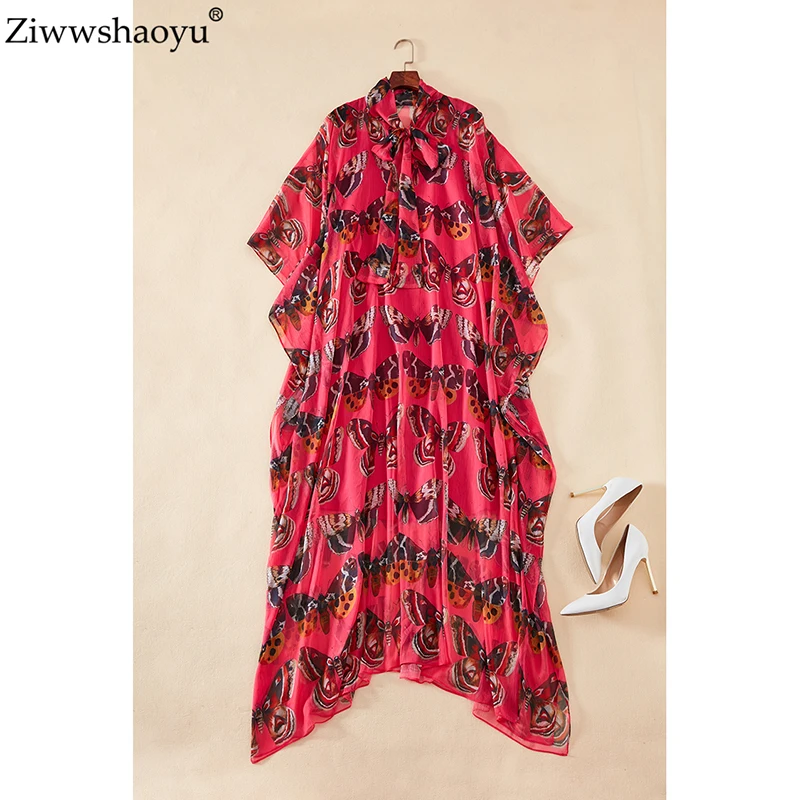 

Ziwwshaoyu Autumn Designer Maxi Dress Women's High Quality Batwing Sleeve Rose Pink Butterfly Printed Holiday Loose Long Dress