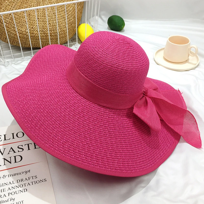 HT1680 в Корейском стиле Для женщин Летняя шляпа однотонные большой бант широкими полями ВС шляпа дамы флоппи пляжные Кепки шляпа Packable