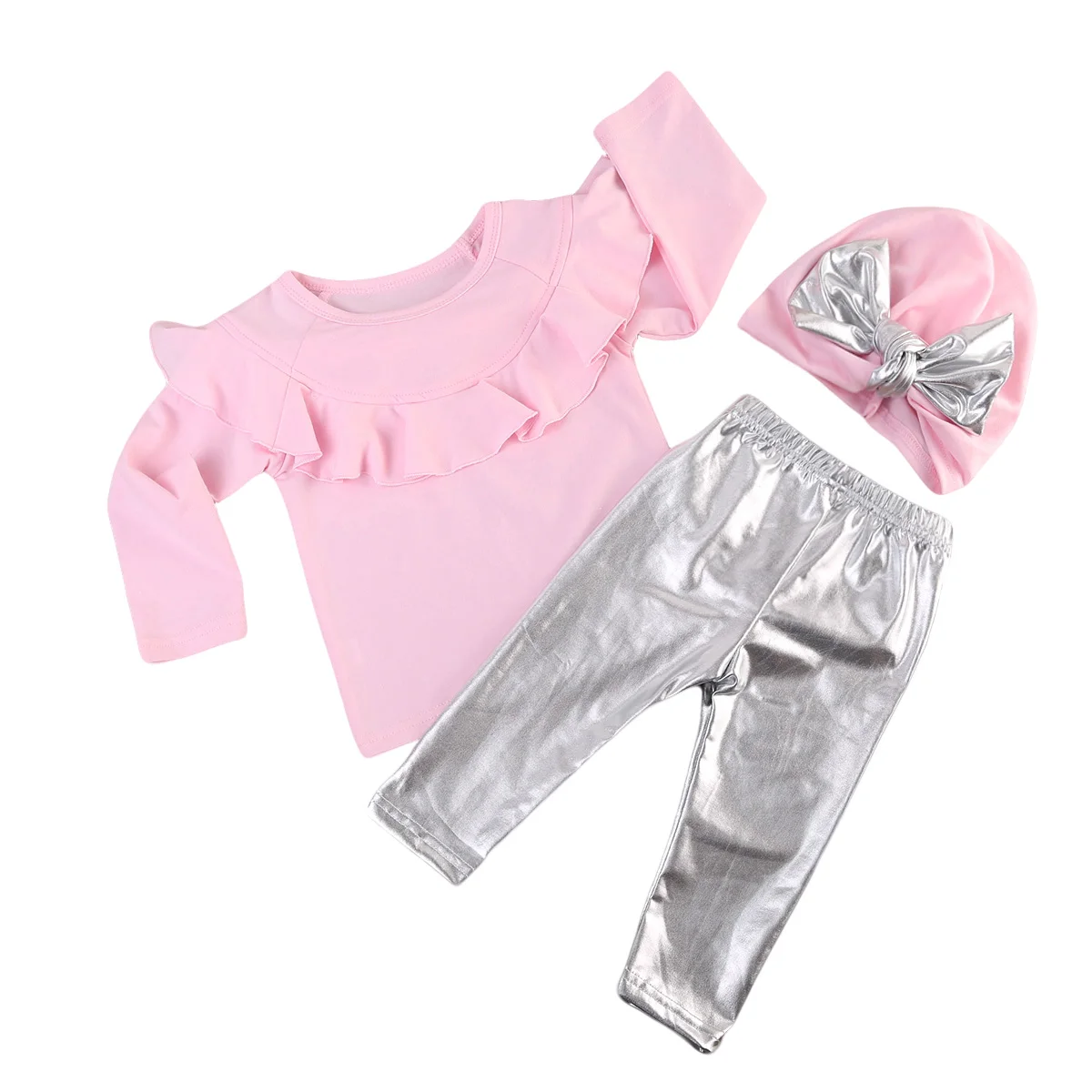 Милая детская одежда для маленьких девочек из 3 предметов розовые топы с оборками, футболки Серебристые леггинсы из искусственной кожи, штаны комплекты с шапками весенний комплект одежды для девочек
