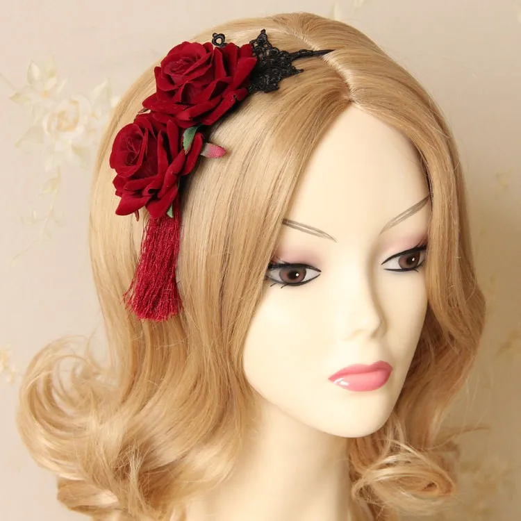 

Princess sweet lolita Hairbands wind restoring ancient ways Red roses bud silk hair hoop gothic wind tassel head hoop FG-42