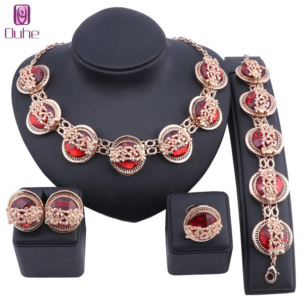 

Fashion Bridal Jewelry Sets For Women Wedding Party Dress Accessories Gold Color Red Gem Necklace Earrings Ring
