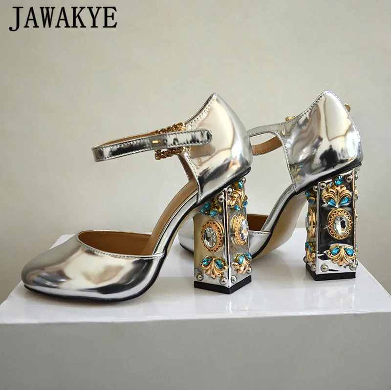 Gold-silver-mirror-leather-Women-Pumps-rhinestone-jewelled-High-Heels-metal-flower-crystal-wedding-Shoes-summer