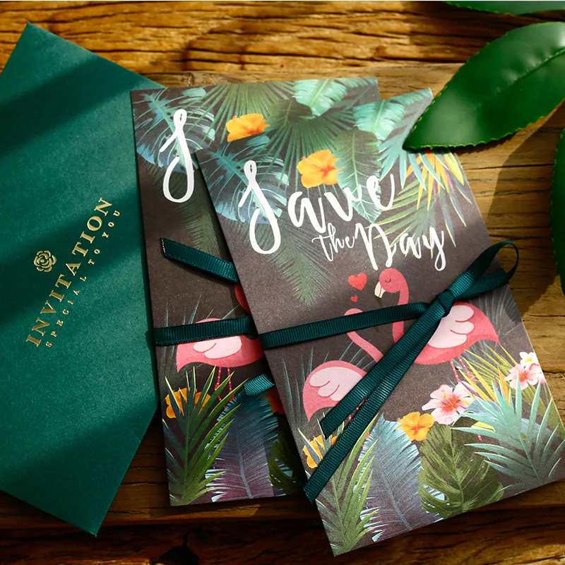 

100pcs Wedding Invitations Flamingo Decoration Pocket Greeting Cards with Envelope Customized Party with Ribbon and Tag Gift Box