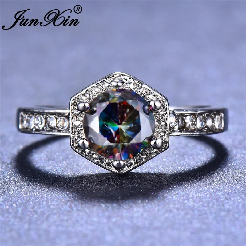 JUNXIN Mystic Fire Hexagon Rings For Women 925 Silver Filled Rainbow Birthstone Thin Ring Female Crystal Wedding Bands Boho Ring