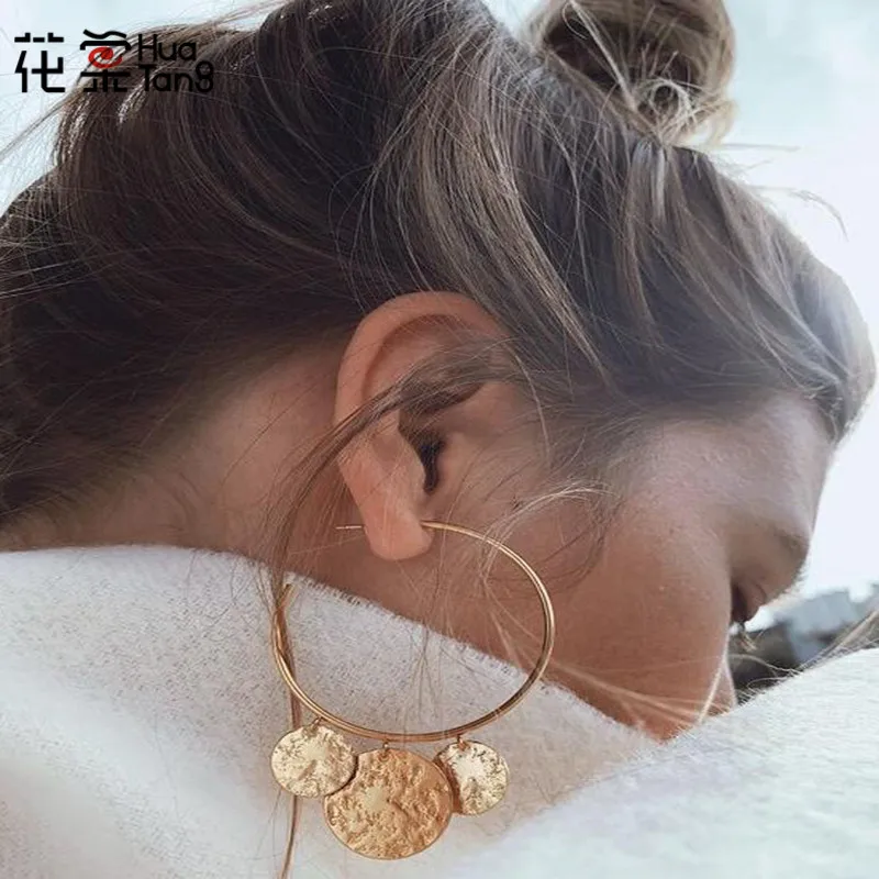 

HuaTang Punk Gold Silver Color Wafer Earrings for Women Metal Big Circle Dangle Piercing Earring 2019 Pendientes Jewelry 3537
