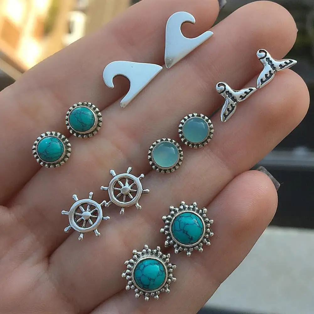 

SexeMara 6 Pairs/Pack Vintage Alloy Green Opal Stone Earring Sets Fishtail Rudder Turquoises Stud Earring