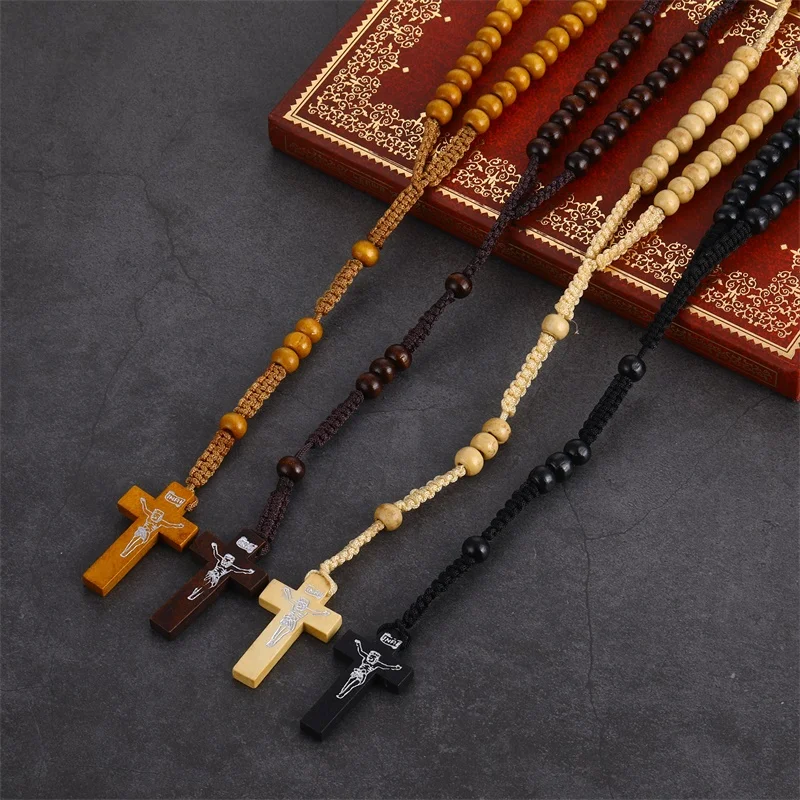 Новая Мода Деревянные Бусы крест кулон ожерелье для женщин мужчин католическая христианская религиозная Подвеска "Иисус" INRI Rosary Ретро ювелирные изделия