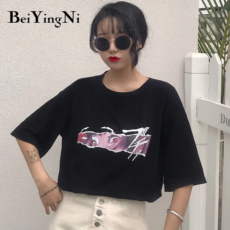 

Beiyingni Cartoon Print T-shirt Women Hipster Harajuku Vintage Black Purple Summer Top Female Leisure Preppy Basic Chic Tshirts