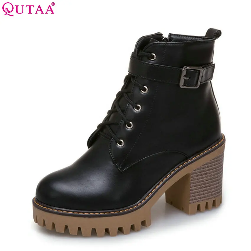 

QUTAA 2019 Women Ankle Boots Pu Leather Fashion Xipper Round Toe Square High Heel Platform Women Motorcycle Boots Size 34-43