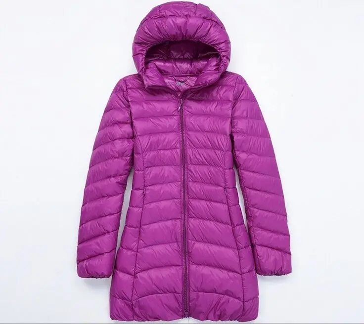 Пуховик с капюшоном, зимние куртки на утином пуху, женская тонкая парка с длинными рукавами, пальто на молнии, карманы, однотонные женские ультра легкие - Цвет: purple