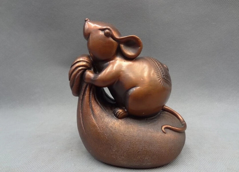

song voge gem S3243 Chinese Bronze Zodiac Fu BAT Wealth Mouse On Money Bag Statue Animals Sculpture