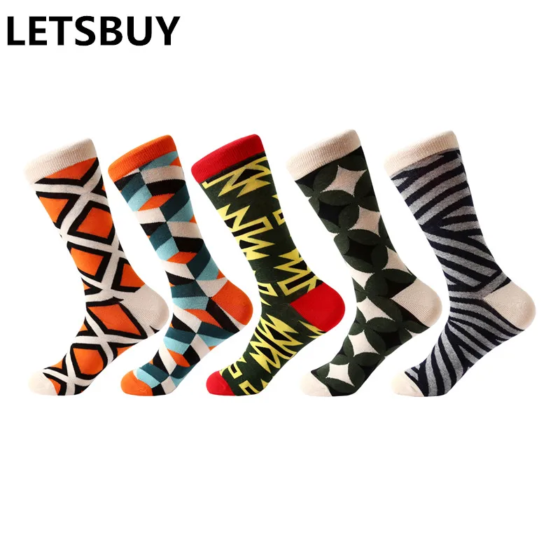 

LETSBUY 2018 NEW 5 pair/lot men's cotton socks classic business casual socks geometric man dress crew socks party gift sock