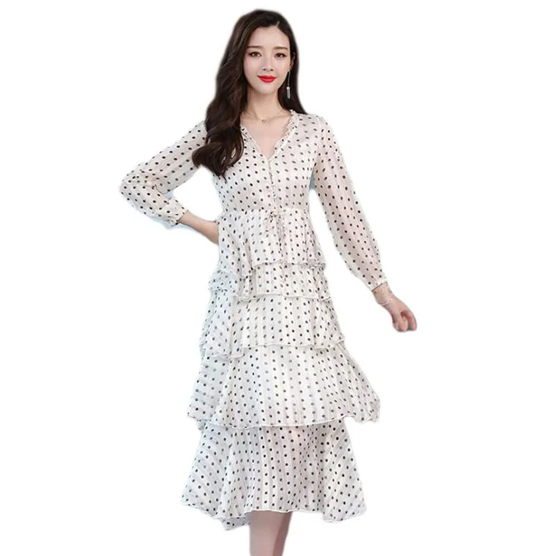 

2019 Spring Dot Chiffon Dress Women Sexy V-Neck Layers Ruffles Party Long Dress Vintage A-line Long Sleeve Maxi Cake Dress E437