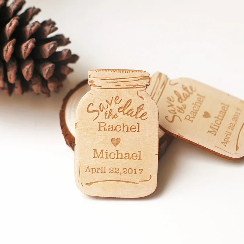 Mason Jar Save The Date Rustic Wedding Favor, Engraved Wooden