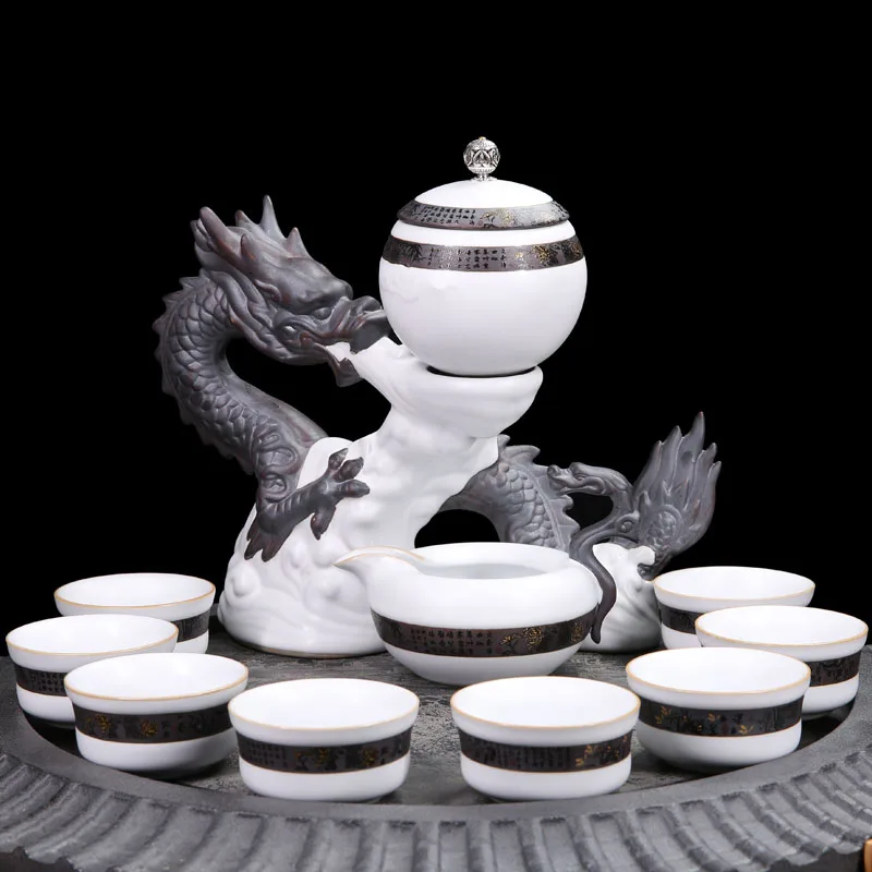 

Porcelain Automatic Tea Set Creative Ceramic Office Art Cha Hai Handmade Teacup with Fair Cup Gaiwan Dragon Base Kit