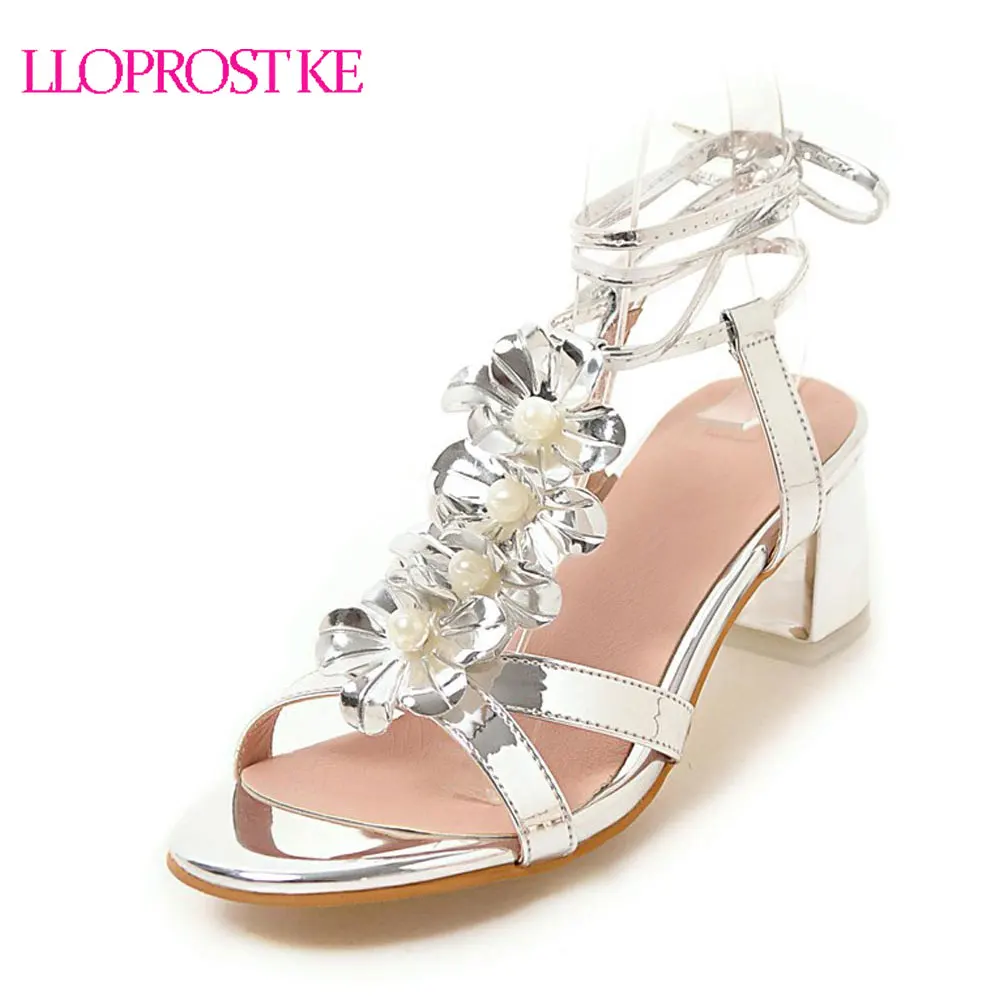 

Lloprost ke Pink Gold Silver Colors Women Med Heel Sandals Flower Beading Lace Up Thick Heel Sandals Summer Shoes Women MY549