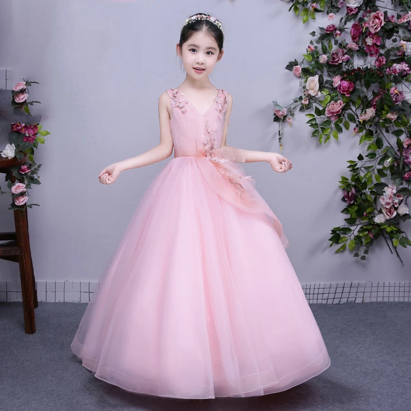 

Pink Ball Gown V Neck Sleeveless Girls Wedding Dresses Summer 2017 New Flower Girls Dresses Bridesmaid Children's Clothes P34