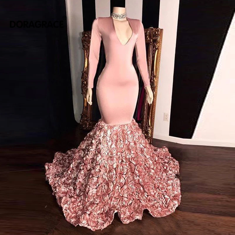 

Custom Made V Neck Lace Mermaid Long Prom Dresses 2019 Long Sleeves Satin 3D Floral Sweep Train Formal Party Evening Gowns
