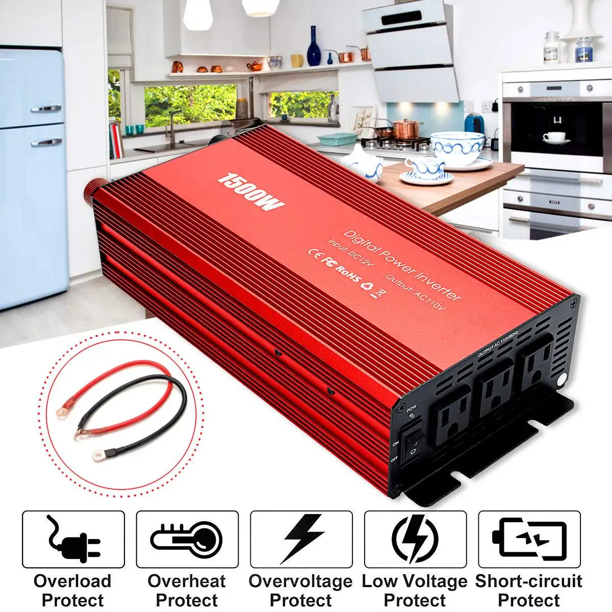 

Power Inverter 12V to 110V Intelligent Screen 1500W P eak- Modified Sine Wave Power Voltage transformer Inverter Converte