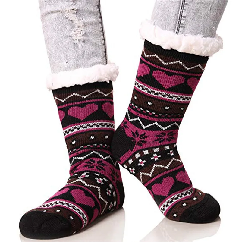 New arrival Women's Winter Super Soft Warm Cozy Fuzzy Fleece-lined Heart Pattern With Gripp winter socks D17 (2)