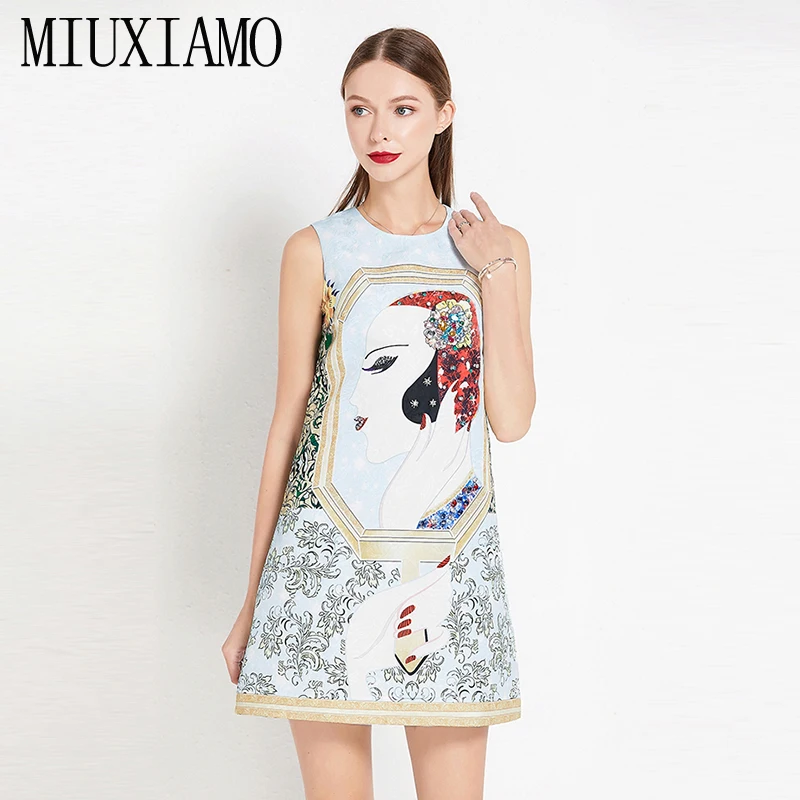 

MIUXIMO 2019 Newest Spring & Summer Fashion A-Line O-Neck Sleeveless Tank Sequined Diamonds Elegant Print Above Knee Dress Women